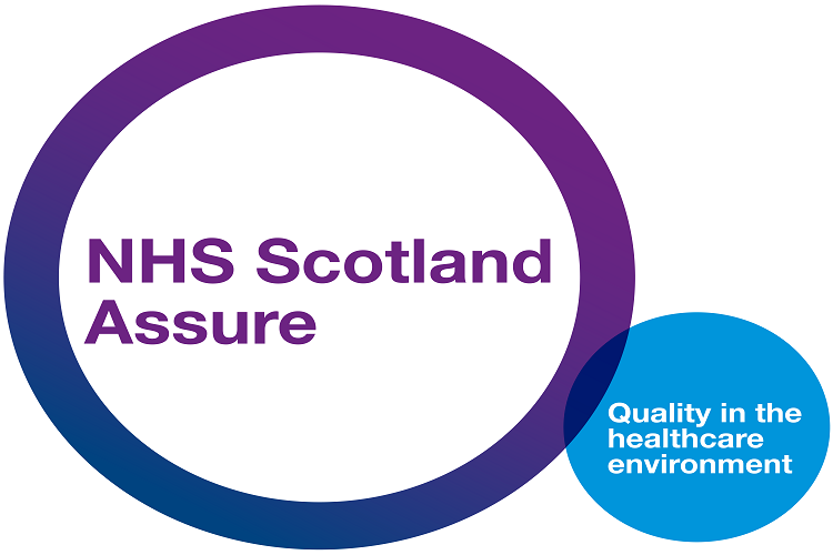 NHS Scotland Assure logo: a purple circle containing the name overlapping with a blue circle containing the text Quality in the healthcare environment